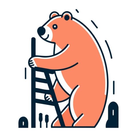 Polar bear climbing ladder. Flat line art style vector illustrat