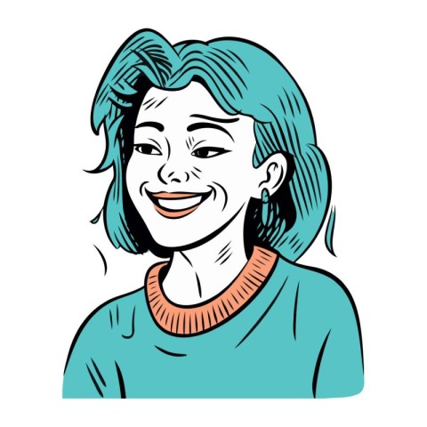 Smiling woman with blue hair. Vector illustration in sketch styl