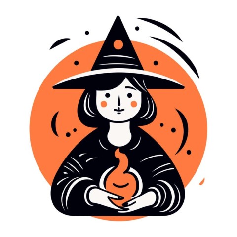 Halloween witch with a candle. Vector illustration in flat style