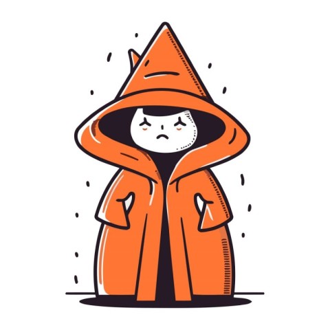 Sad boy in raincoat. Vector illustration in doodle style