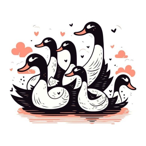 Vector hand drawn illustration of family of ducks in love. Sketc