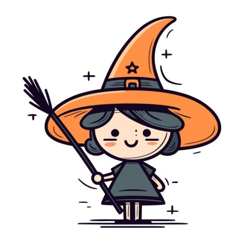 Cute little girl dressed as a witch with a broom. Vector illustr