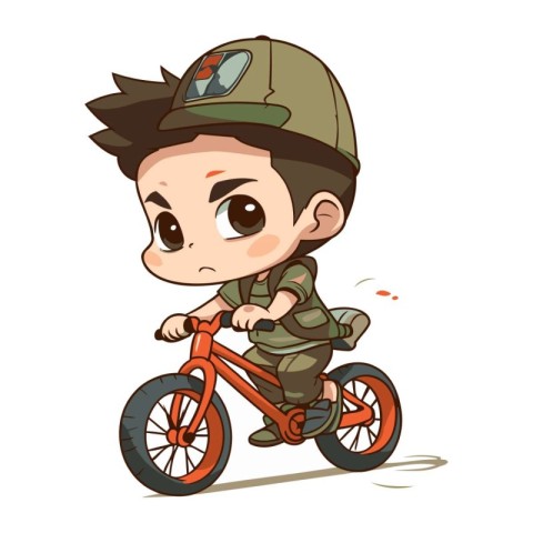 Cute little boy in a military uniform riding a bicycle. Vector i