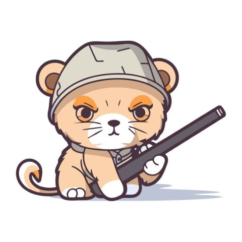 Cute little lion with a gun. Cartoon vector illustration isolate