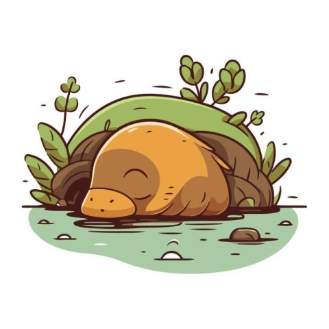 Vector cartoon illustration of a turtle sleeping on a rock in th