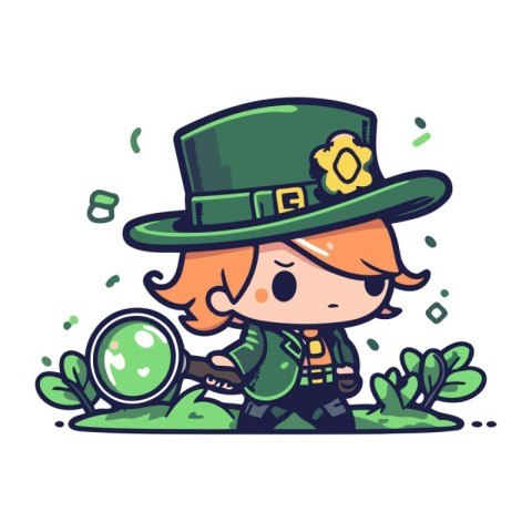 Leprechaun girl with magnifying glass. Vector illustration.