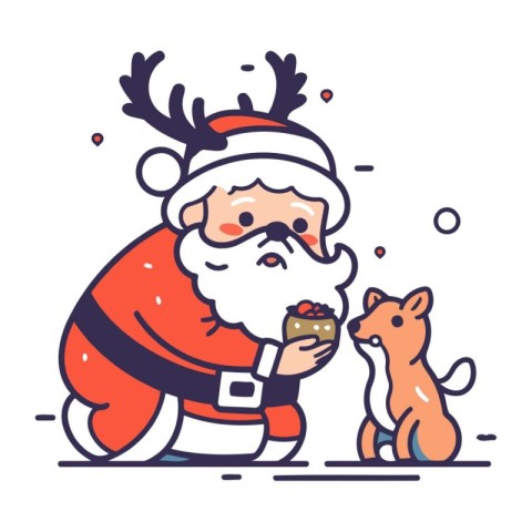 Santa Claus with a dog and a cake in his hands. Vector illustrat