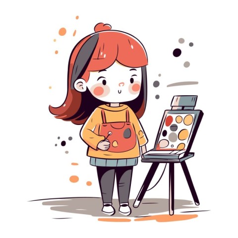 Illustration of a Cute Little Girl Drawing with Palette and Brus