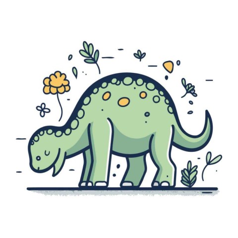 Dinosaur vector illustration. Cute cartoon dinosaur with flowers