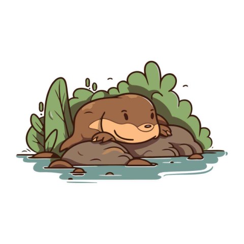 Cute cartoon otter on a rock in the river. Vector illustration