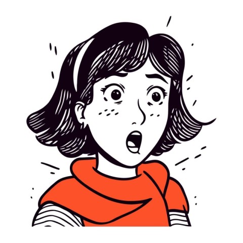 Surprised woman with open mouth. Hand drawn vector illustration.