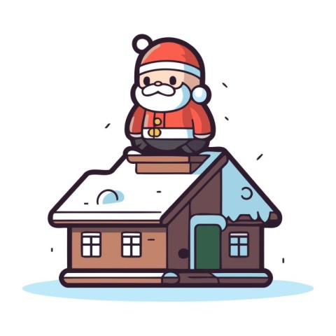 Santa claus sitting on the roof of house. Vector illustration.