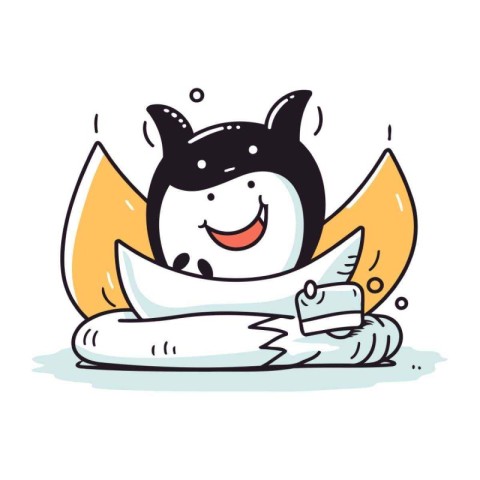 Vector illustration of cute penguin with pillow. Cute cartoon pe