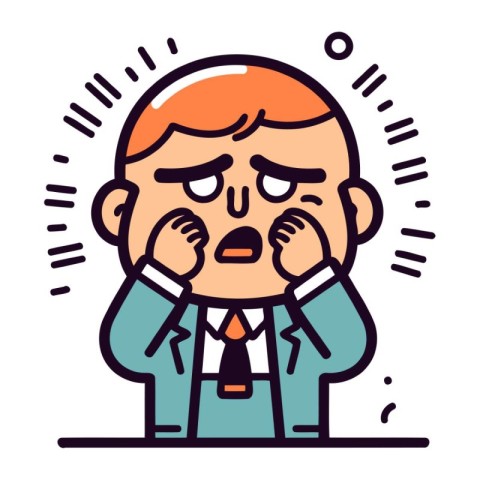 Sad man with hands on face. Vector illustration in line style.