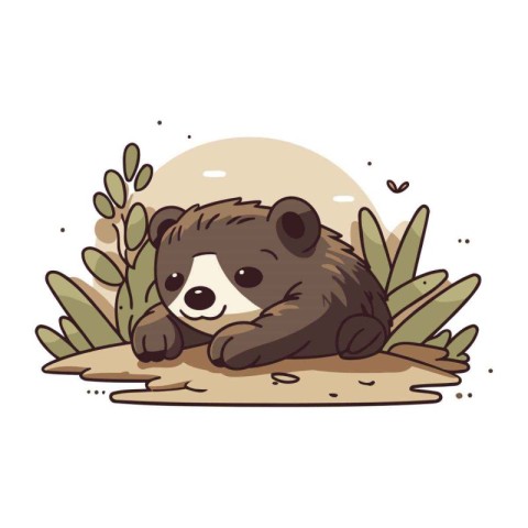 Cute cartoon bear sleeping on the ground in the jungle. Vector i