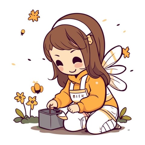 Cute little girl playing with a toy bee. Vector illustration.