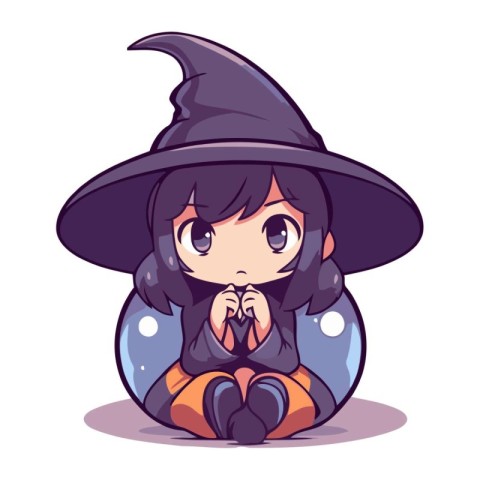 Cute little witch in crystal ball. Vector illustration. Cartoon