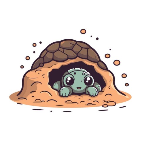 Cute cartoon turtle in a hole. Vector illustration isolated on w