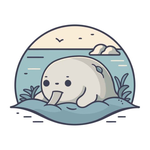 Cute cartoon whale on the seashore. Vector illustration.