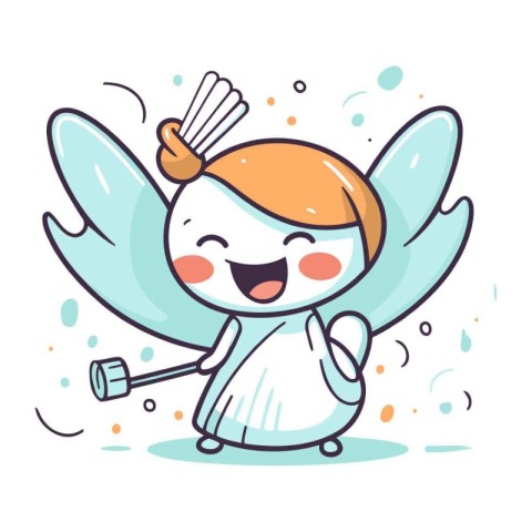 Cute little angel with wings and a hammer. Vector illustration.