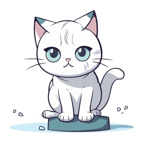 Cute white cat sitting on a pedestal. Vector illustration.