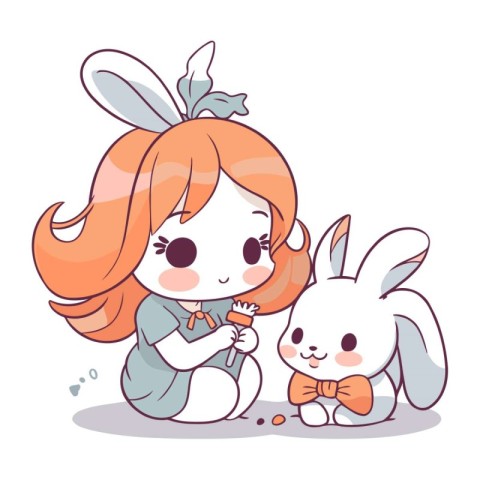 Cute little girl and rabbit. Vector illustration in a flat style