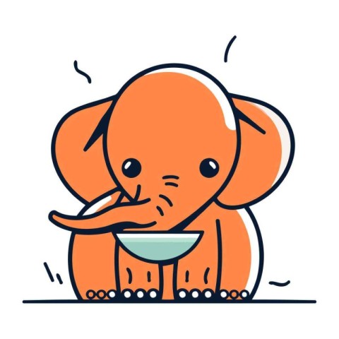 Cute elephant with bowl of soup. Vector illustration in flat sty