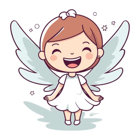 Cute little angel girl in white dress with wings. Vector illustr