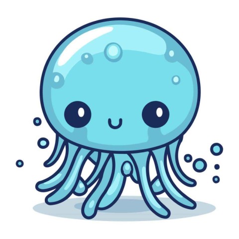 Cute cartoon blue jellyfish. Vector illustration on white backgr