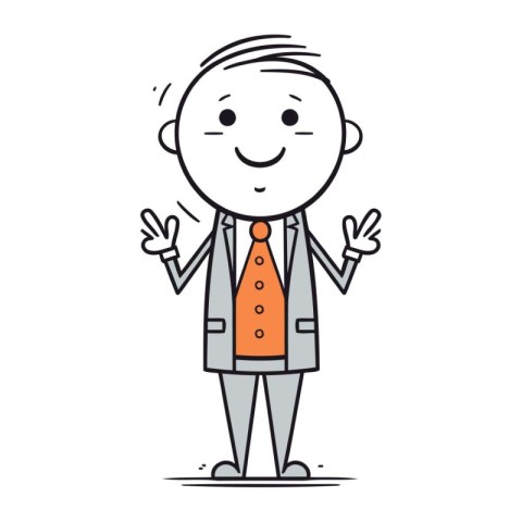 Businessman showing victory sign. Vector illustration in line ar