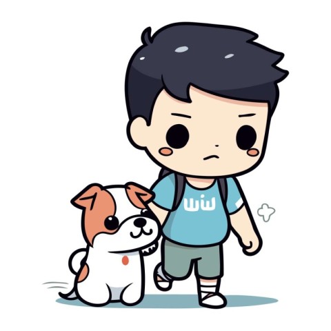 Cute boy playing with his dog. Vector illustration in cartoon st