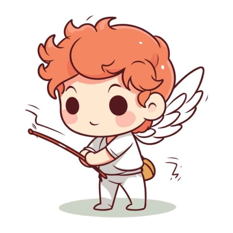 Cute cupid holding a wooden stick and a bow. Vector illustration