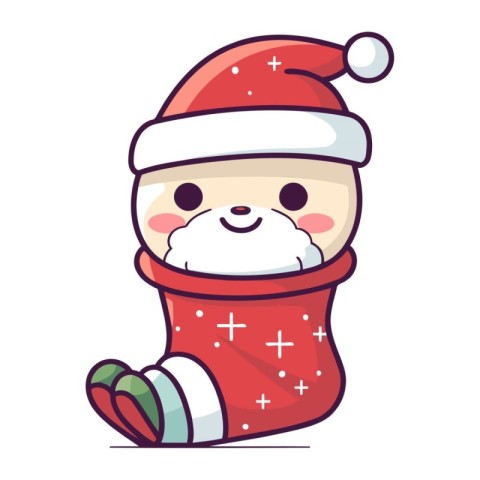 Cute cartoon snowman in christmas sock. Vector illustration.