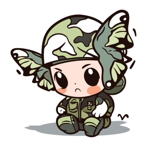 Cute little boy in soldier costume with butterfly wings. Vector