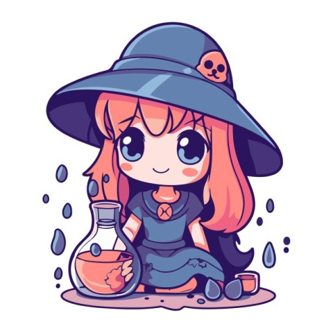 Cute cartoon witch girl with potion. Halloween vector illustrati