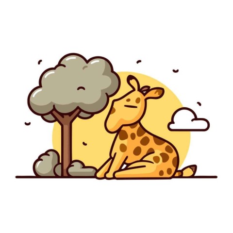 Cute giraffe sitting on the ground and looking at the sky. Vecto