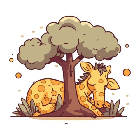 Cartoon vector illustration of a giraffe sleeping under a tree.