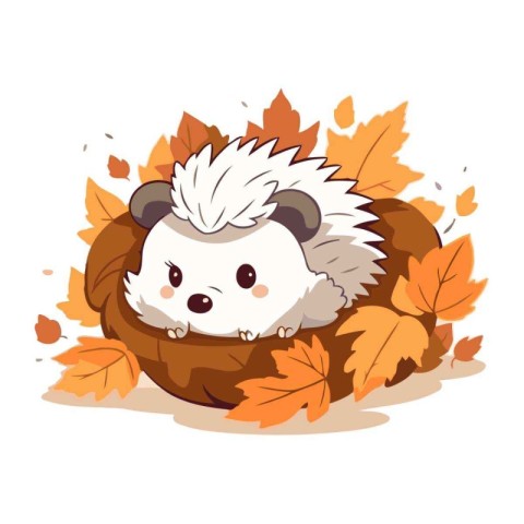 Cute hedgehog in a basket of autumn leaves. Vector illustration