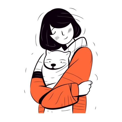 Illustration of a girl with a cat on a white background.