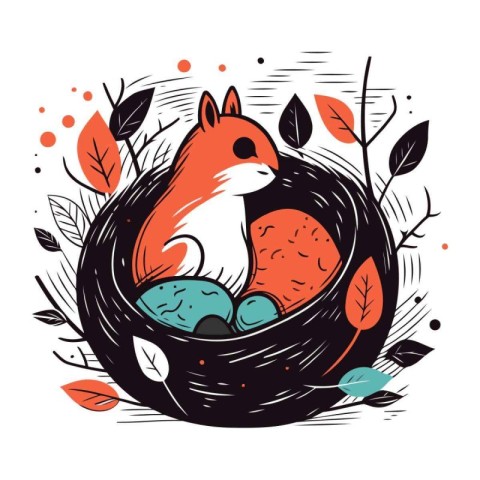 Hand drawn vector illustration of cute squirrel in a nest with e