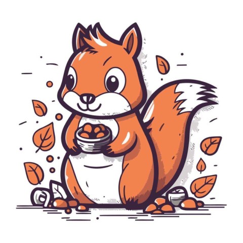 Cute squirrel with a bowl of nuts. Vector hand drawn illustratio