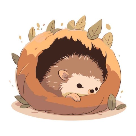 Cute hedgehog sleeping in a hollow. Cartoon vector illustration.