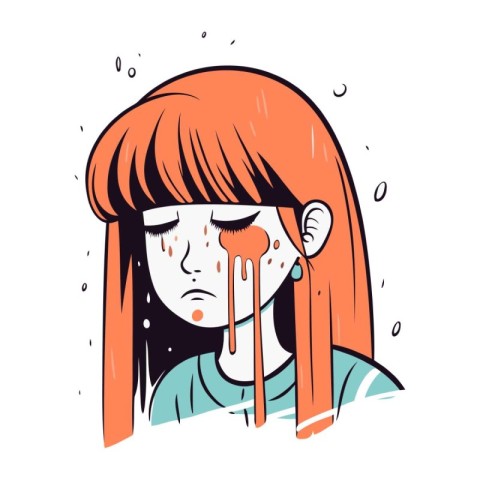 Crying girl with red hair. Vector illustration on white backgrou