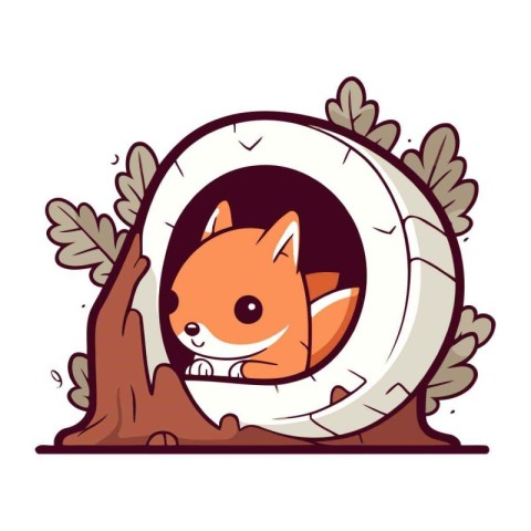 Cute cartoon fox in a hole in the wall. Vector illustration.