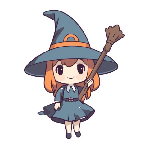 Cute cartoon witch girl with broom. Vector illustration isolated