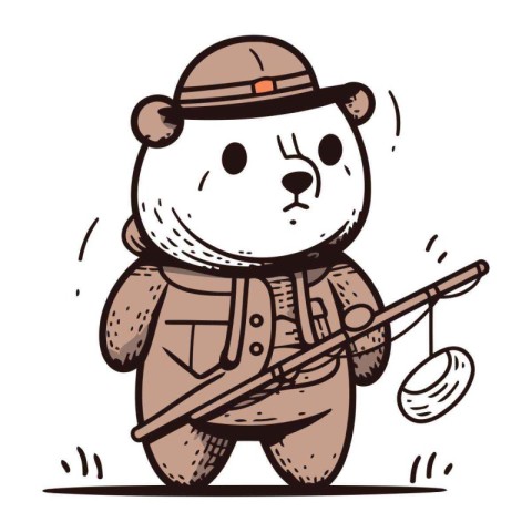 Illustration of a bear in safari outfit holding a fishing rod