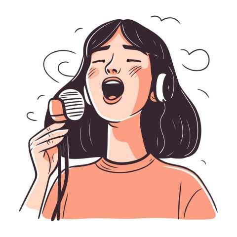 Woman singing karaoke with microphone. Vector illustration in ca