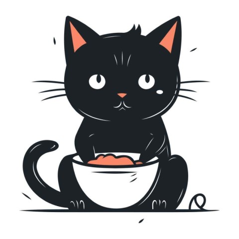 Cute black cat sitting in a bowl of food. Vector illustration.