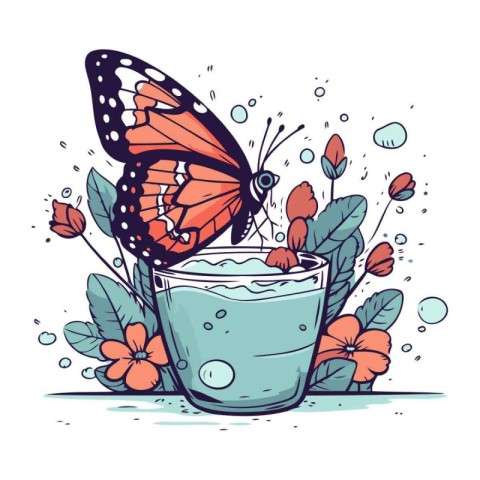 Butterfly in a glass of water and flowers. Vector illustration.