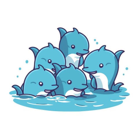 Dolphin family in water. Vector illustration of cute cartoon ani